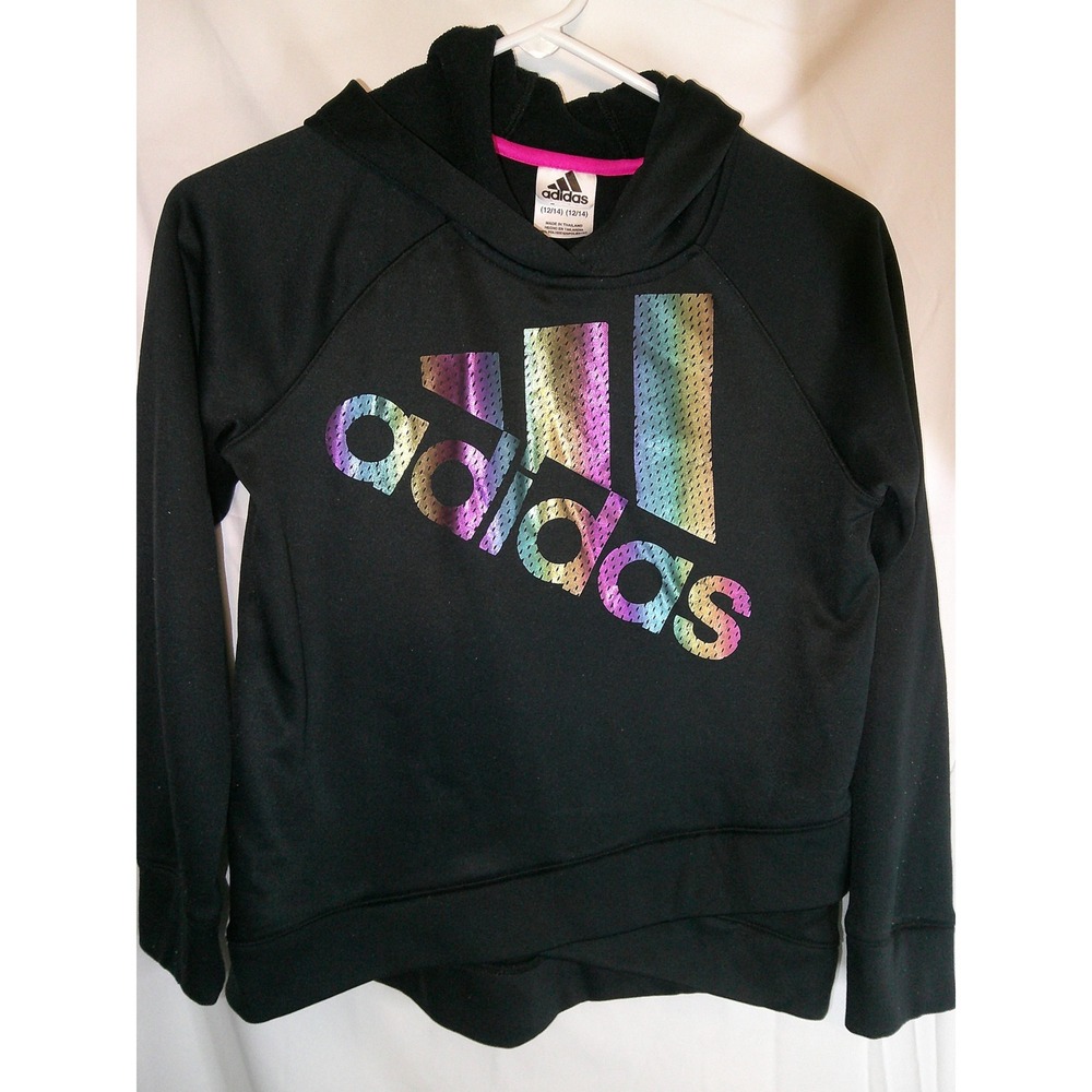 Adidas Pullover Hoodie Iridescent Logo Activewear Top Black Youth Size L 12/14
